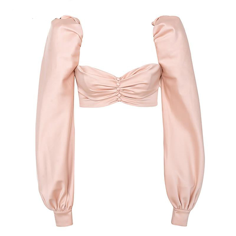 Dam Festtoppar med Puffärmar i Silke V-formad Halsringning 6