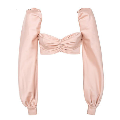 Dam Festtoppar med Puffärmar i Silke V-formad Halsringning 6