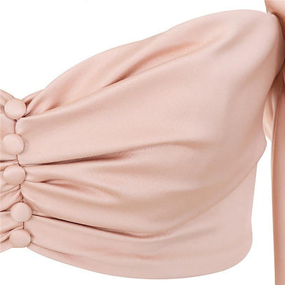 Dam Festtoppar med Puffärmar i Silke V-formad Halsringning 4