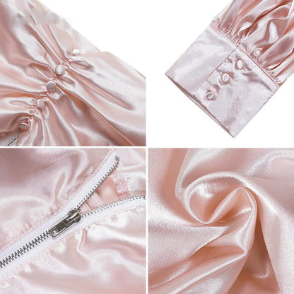 Dam Festtoppar med Puffärmar i Silke V-formad Halsringning 5