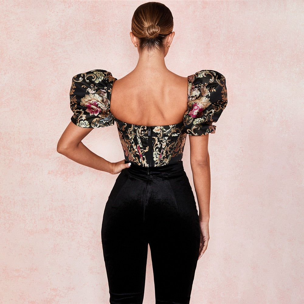 Kvinnors Crop Top Fyrkantig Krage Puffärmar Jacquard-4