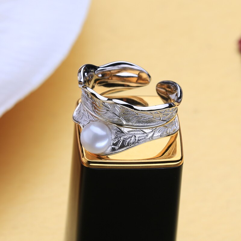 Ring i 925 Sterling Silver Geometrisk Design med Naturlig Sötvattenspärla-4