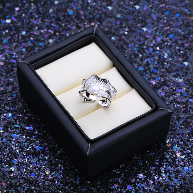 Ring i 925 Sterling Silver Geometrisk Design med Naturlig Sötvattenspärla-5