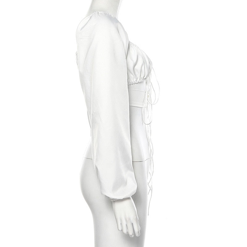 Kvinnors Crop Top V-ringad Puffärmar Polyester Spandex-4