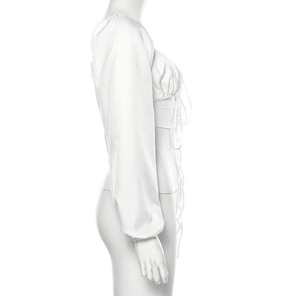 Kvinnors Crop Top V-ringad Puffärmar Polyester Spandex-4