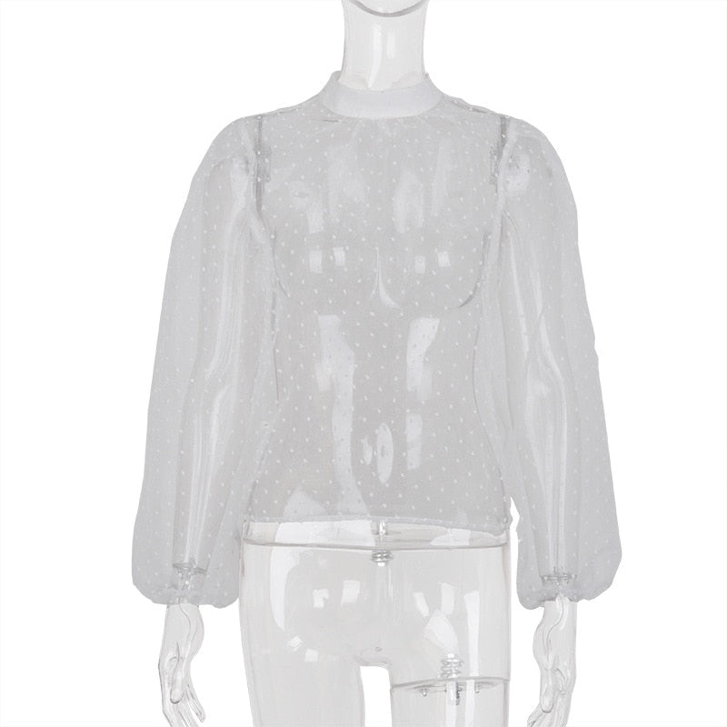 Festtoppar Dam Puffärmar Transparent Polyester O-hals-2