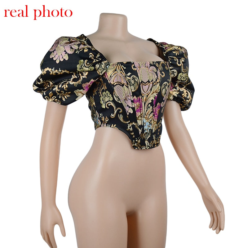 Kvinnors Crop Top Fyrkantig Krage Puffärmar Jacquard-5