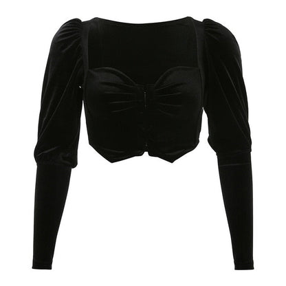 Flanelltop Dam med Korta Puffärmar och Djup V-hals – Enfärgad Polyester Spandex Topp för Fest och Vardag 1