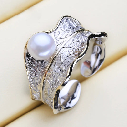 Ring i 925 Sterling Silver Geometrisk Design med Naturlig Sötvattenspärla-1