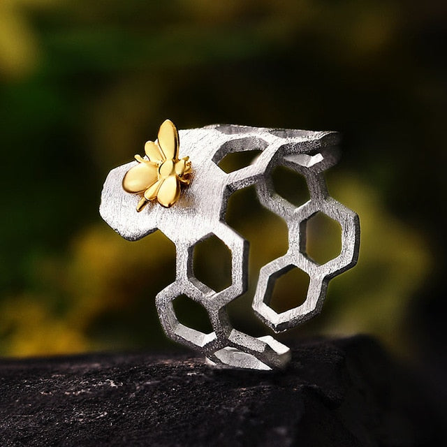 Ring i 925 Sterling Silver med Design av Bin och Honungskakor-5