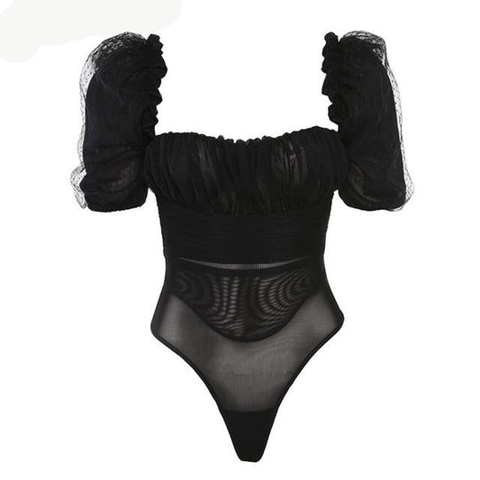 Dam Bodysuit Båthalsring Puffärmar Polyester-Spandex-1