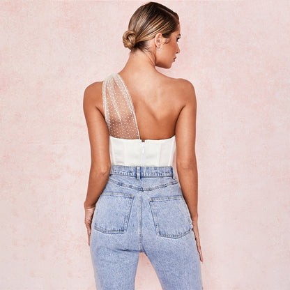 Dam Bustier Top Kort Polyester Spandex med Dragkedja och Nätbakgrund-5