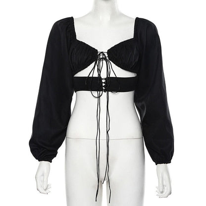 Variant image for Kvinnors Crop Top V-ringad Puffärmar Polyester Spandex-4