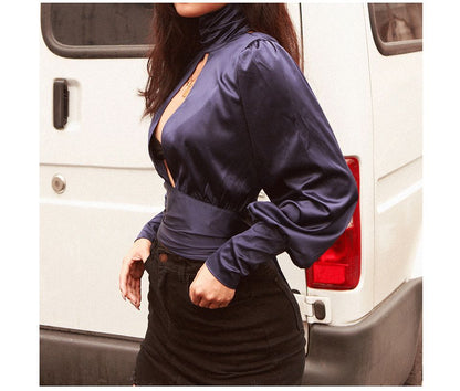 Kvinnors Kort Blus Djup V-Front Satin med Puffärmar-3