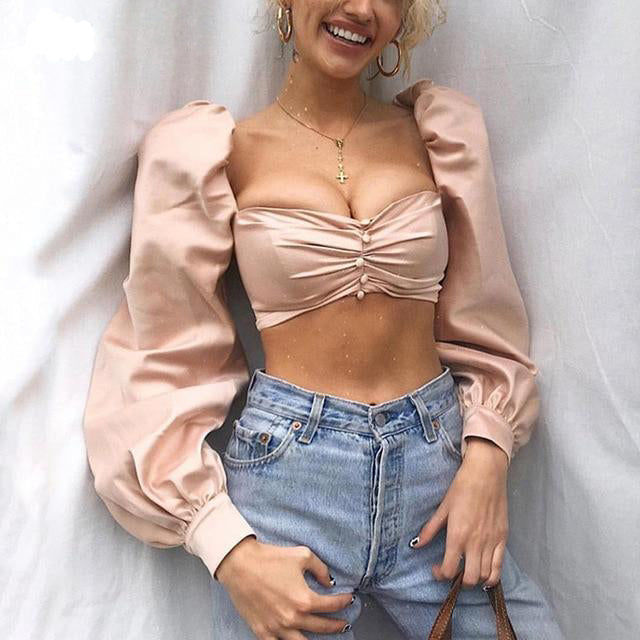 Dam Festtoppar med Puffärmar i Silke V-formad Halsringning 7