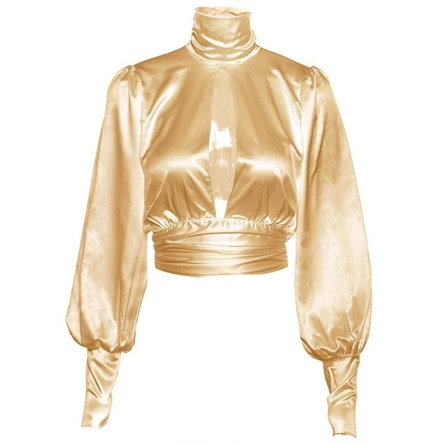 Variant image for Kvinnors Kort Blus Djup V-Front Satin med Puffärmar-4