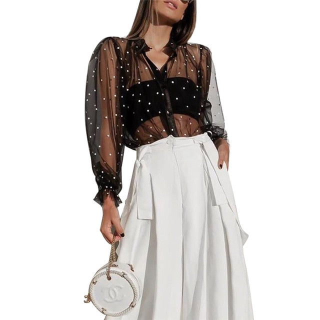 Variant image for Dam Blus Puffärmar Transparent Prickig Polyester-13