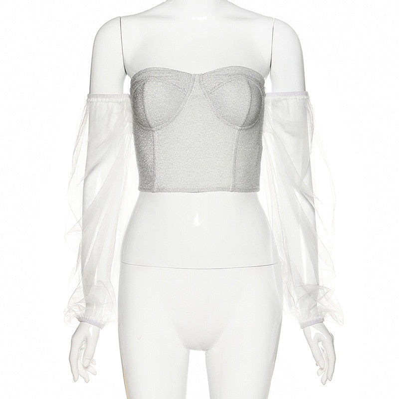 Damernas Crop Top Off-Shoulder Chiffon med Puffärmar-2