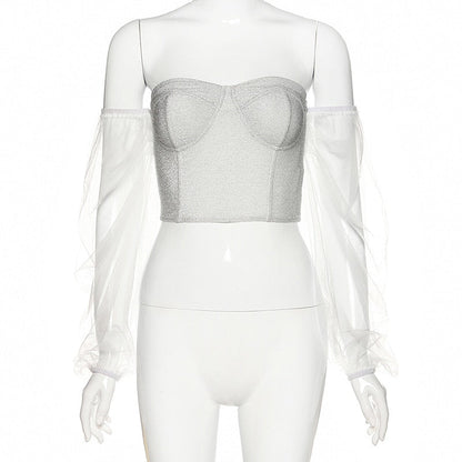 Damernas Crop Top Off-Shoulder Chiffon med Puffärmar-2