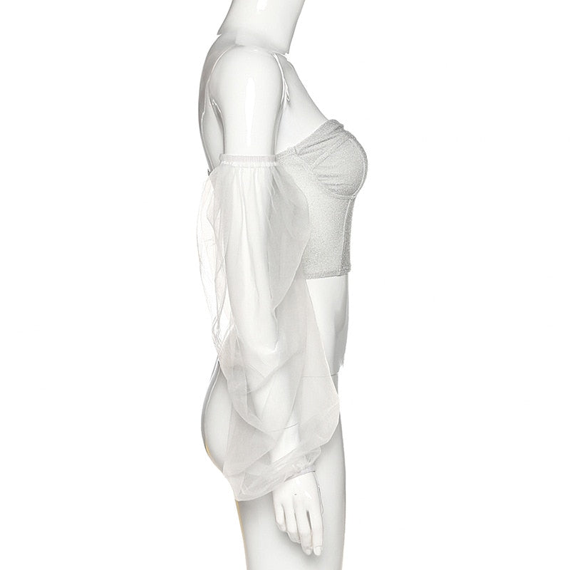 Damernas Crop Top Off-Shoulder Chiffon med Puffärmar-4