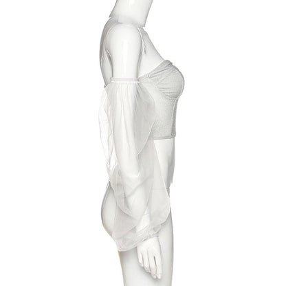 Damernas Crop Top Off-Shoulder Chiffon med Puffärmar-4