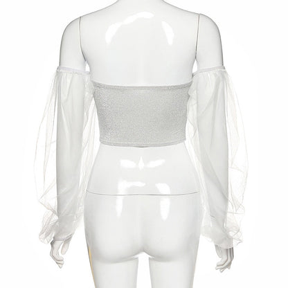 Damernas Crop Top Off-Shoulder Chiffon med Puffärmar-5