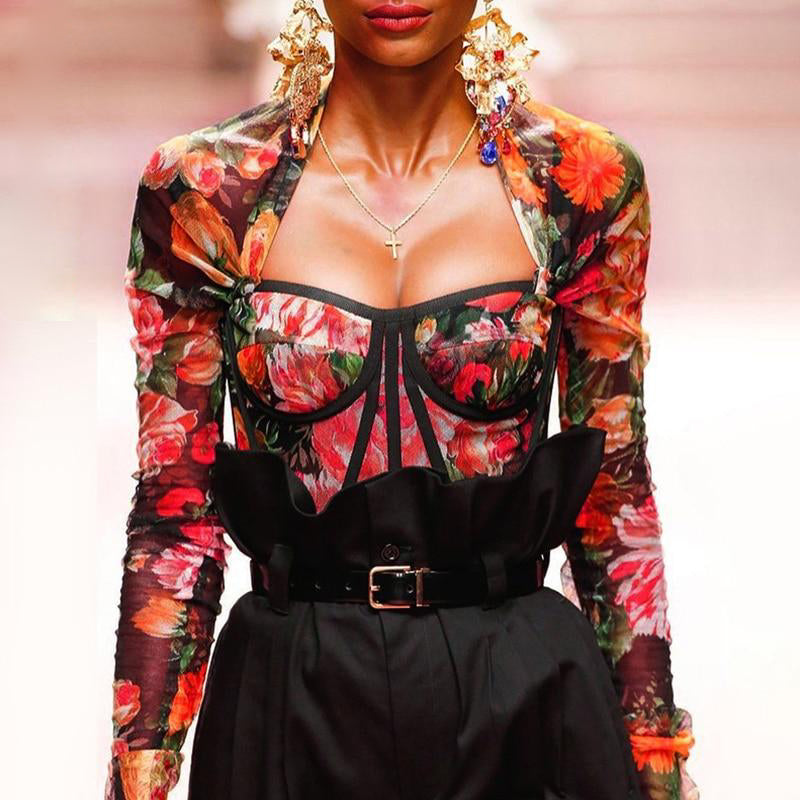 Kvinnors Crop Top Blommig Fyrkantig Krage Polyester Spandex-1