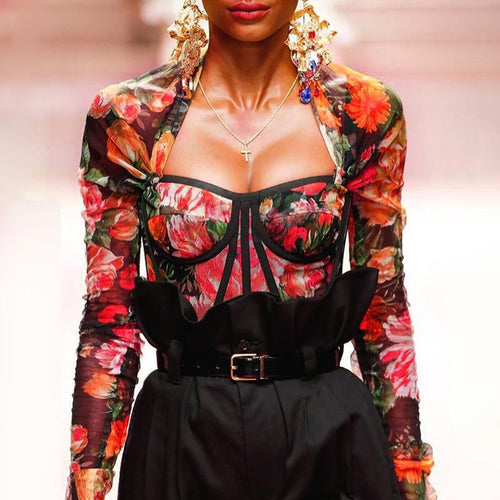 Kvinnors Crop Top Blommig Fyrkantig Krage Polyester Spandex-1