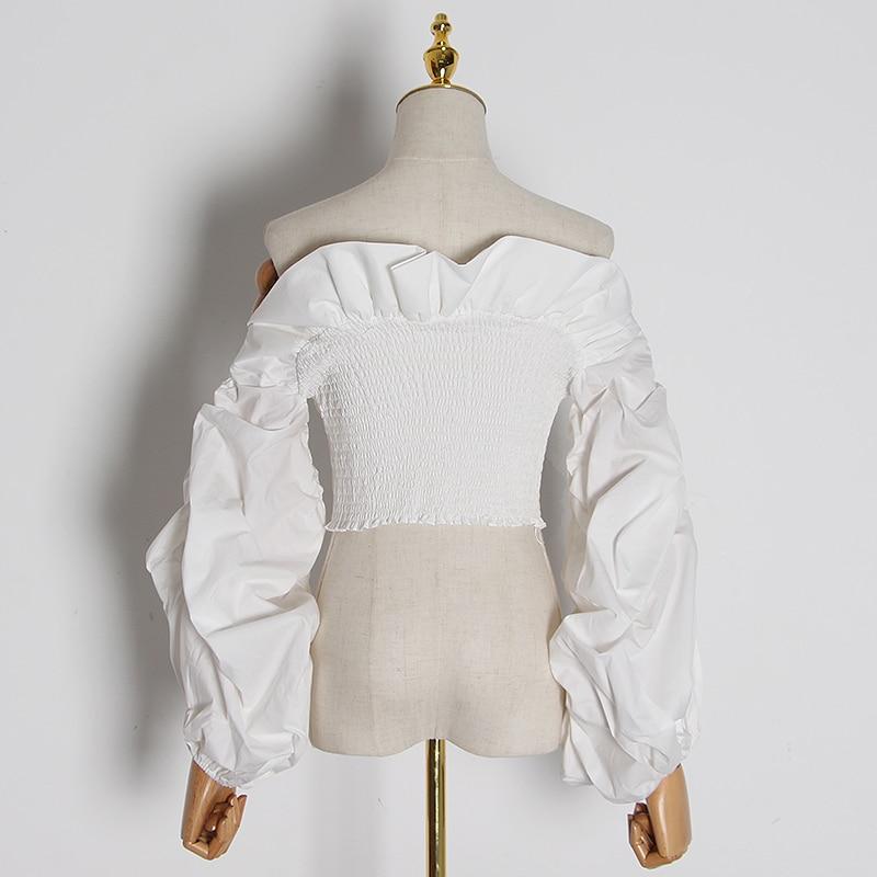 Dam Skjorta Rynkad Mjuk Bomull med Lutande Nackdekoration-2