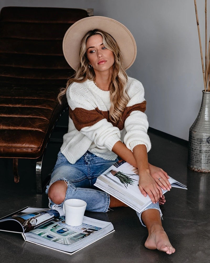 Dam Tröja Långärmad Trendig Bomull med Korsremsa-4