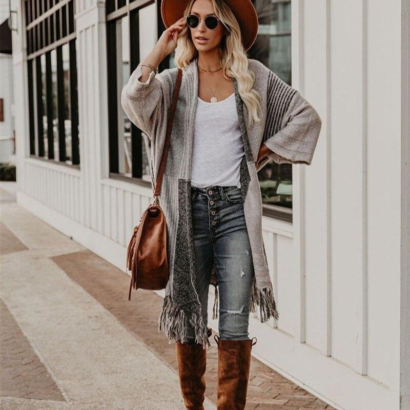 Dam Poncho-Stil Kardigan Avslappnad Bomull-2
