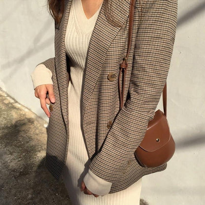 Dam Blazer Retro Höftlängd Kontrollmönster Bomull Polyester-3