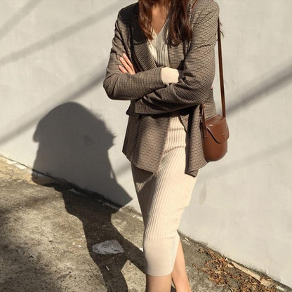 Dam Blazer Retro Höftlängd Kontrollmönster Bomull Polyester-2
