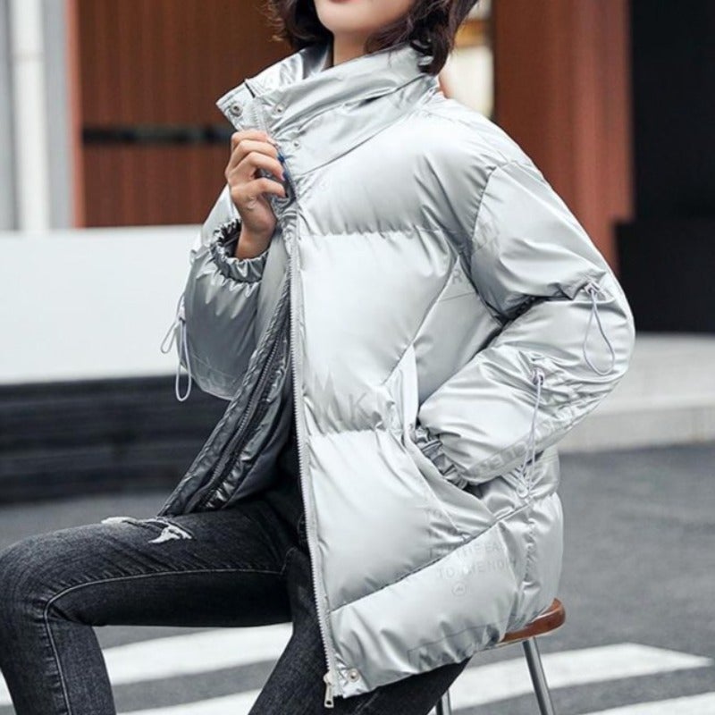 Damjacka Kort Quiltad Bomull Polyester med Hög Krage och Sidfickor-4