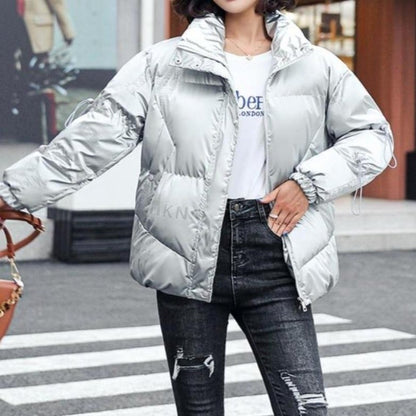 Damjacka Kort Quiltad Bomull Polyester med Hög Krage och Sidfickor-5