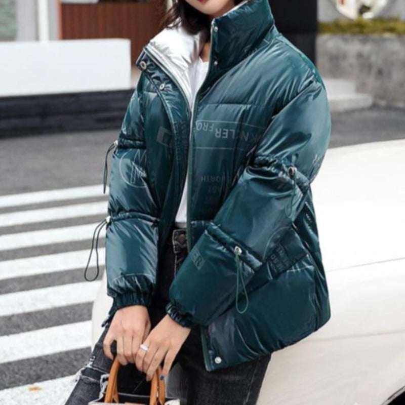 Damjacka Kort Quiltad Bomull Polyester med Hög Krage och Sidfickor-3