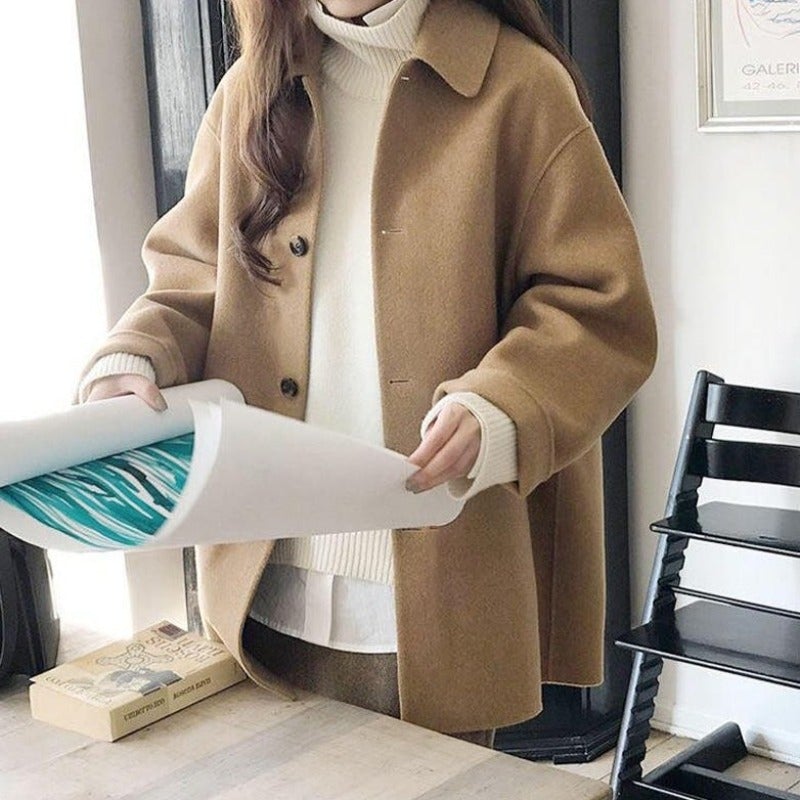 Dam Kort Rock Av Ullblandning Med Klassisk Krage-4