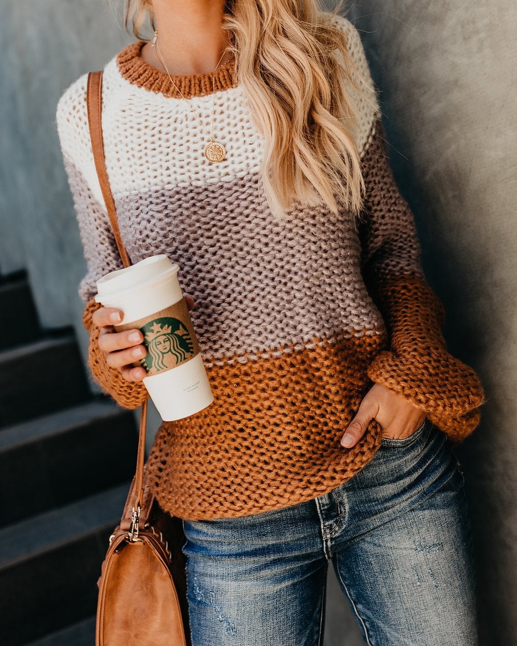 Dam Stickad Tröja Långärmad Mjuk Bomull Elegant Stripmönster-4