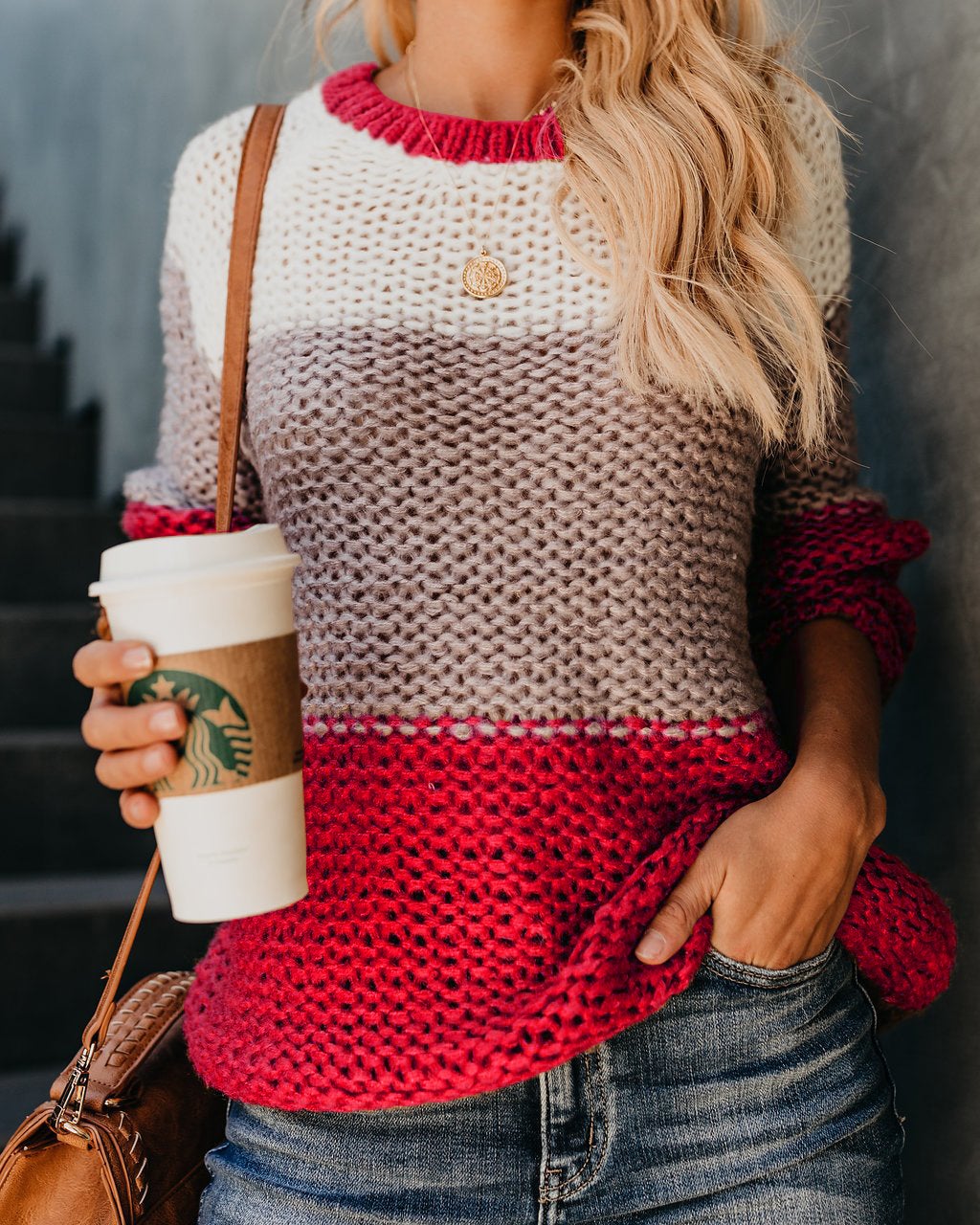 Variant image for Dam Stickad Tröja Långärmad Mjuk Bomull Elegant Stripmönster-6