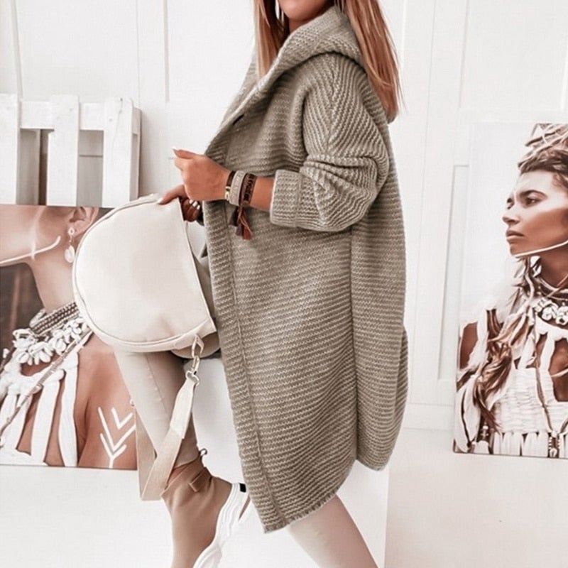 Lång Kofta Dam Huva i Bomull och Polyester Cardigan-3