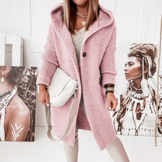 Lång Kofta Dam Huva i Bomull och Polyester Cardigan-1