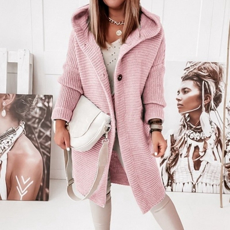 Lång Kofta Dam Huva i Bomull och Polyester Cardigan-1