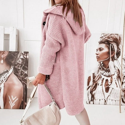 Lång Kofta Dam Huva i Bomull och Polyester Cardigan-2