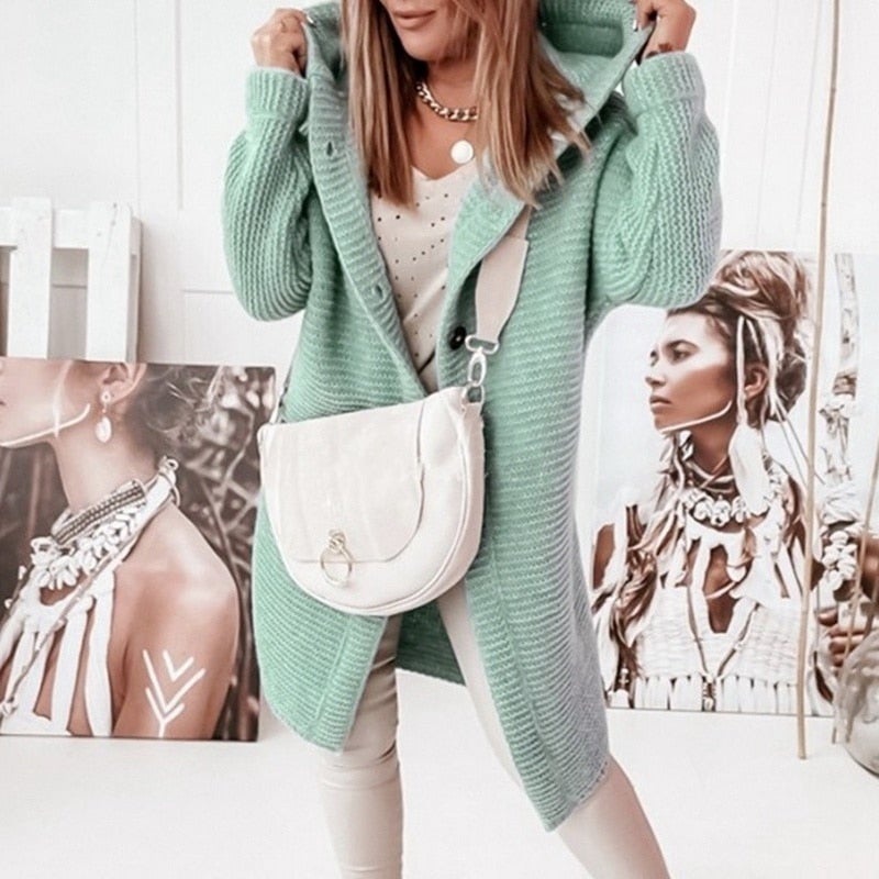 Lång Kofta Dam Huva i Bomull och Polyester Cardigan-6