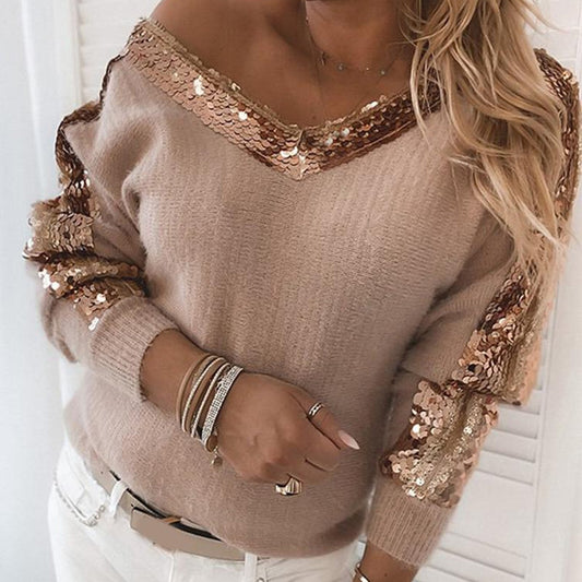 Stickad Dam Tröja med V-ringning och Paljetter, Eleganta Bat Ärmar, Mjuk Bomull och Polyester-1
