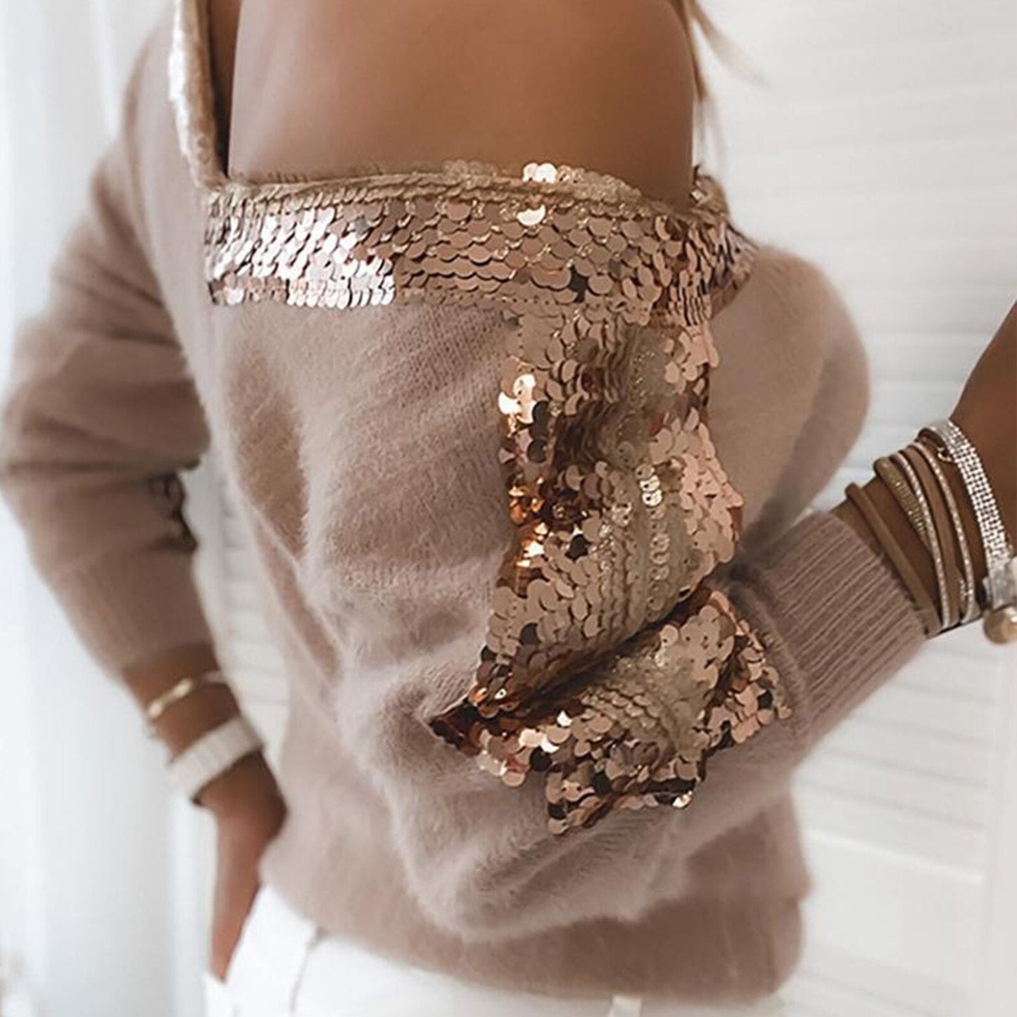 Stickad Dam Tröja med V-ringning och Paljetter, Eleganta Bat Ärmar, Mjuk Bomull och Polyester-2