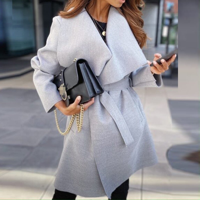 Dam Kappa Kort Ullrock i Bomull och Polyester med Vändkrage och Fickor-1