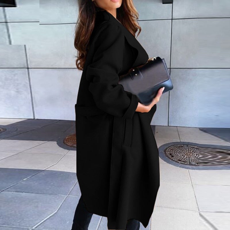 Dam Kappa Kort Ullrock i Bomull och Polyester med Vändkrage och Fickor-5