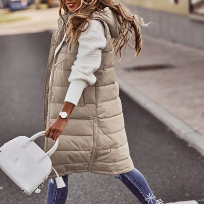 Lång Väst Dam Padded med Huva Quiltad Polyester och Bomull-2
