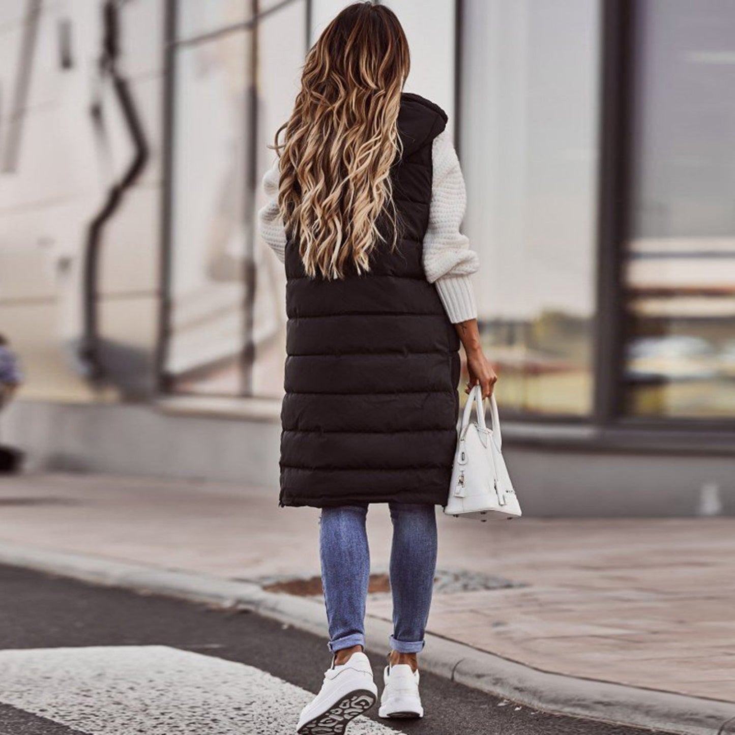 Lång Väst Dam Padded med Huva Quiltad Polyester och Bomull-6